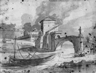 Blick auf den Tiber in der Nähe der Brücke und der Burg Sant